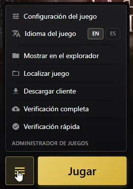 Menú Administrador de juegos abierto sobre el botón Jugar