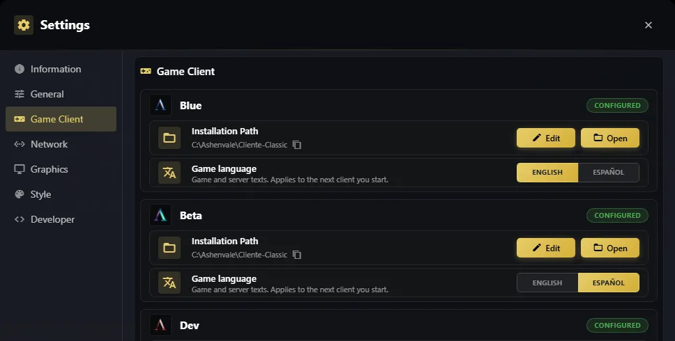 Settings, Game Client, with Blue and Beta configured