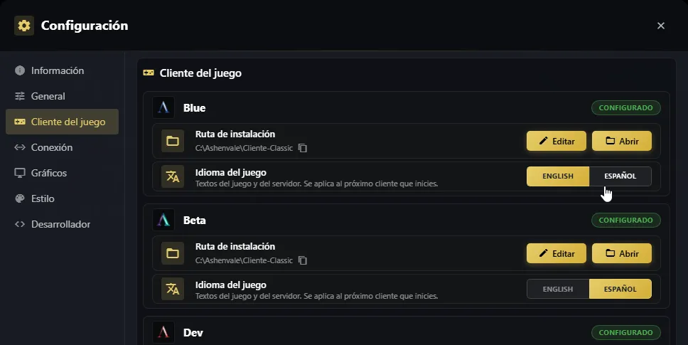 Configuración, Cliente del juego, con Blue y Beta configurados