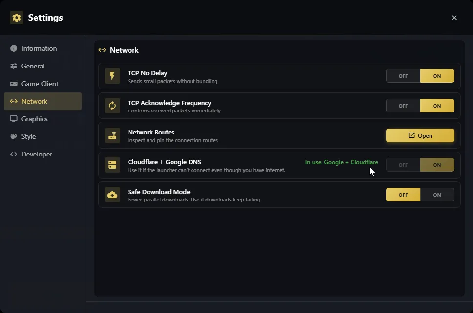 Settings, Network tab