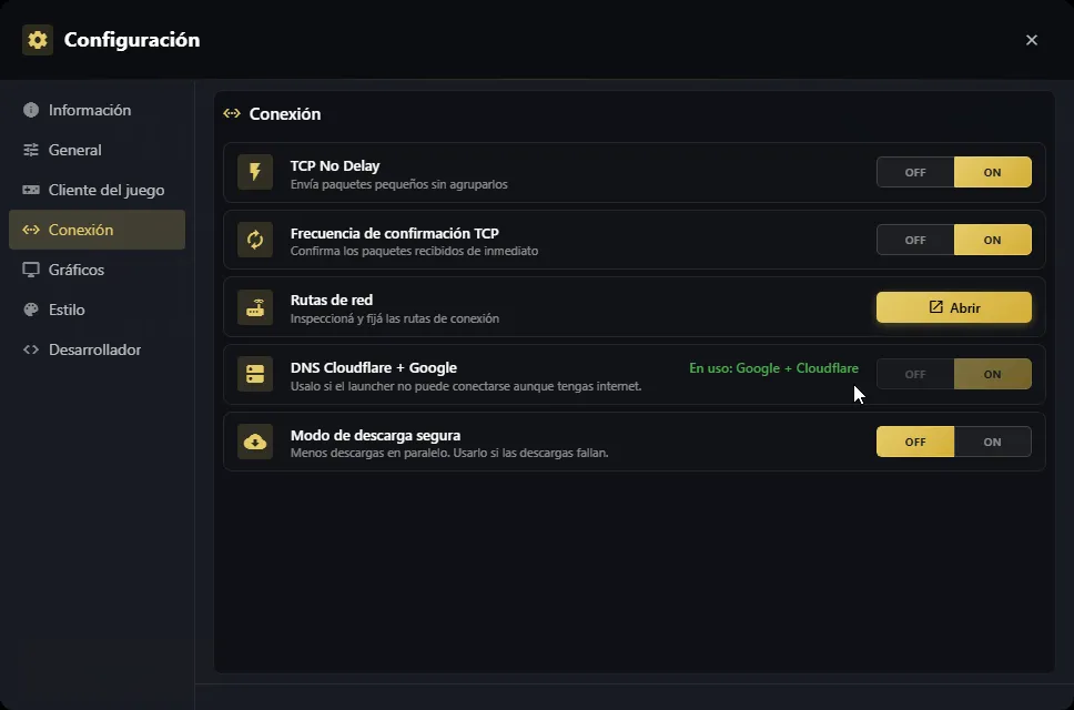 Configuración, pestaña Conexión