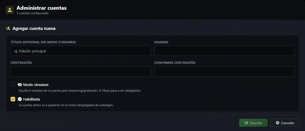 Formulario Agregar cuenta nueva