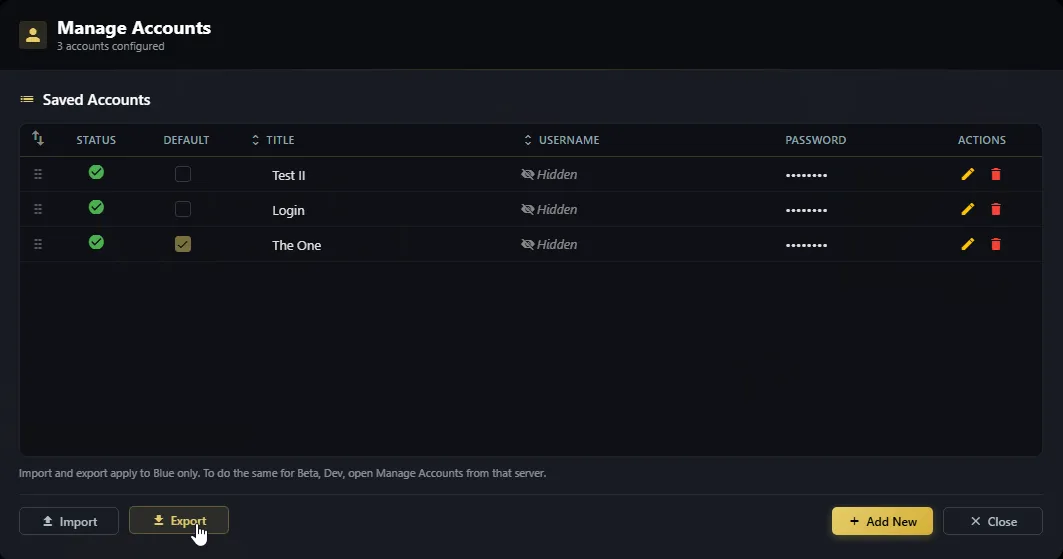 Manage Accounts with the Import and Export buttons
