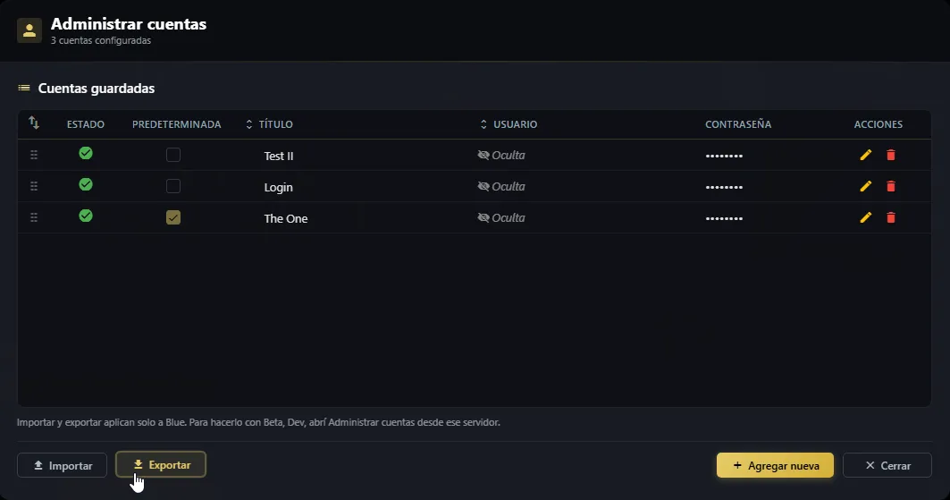 Administrar cuentas con los botones Importar y Exportar