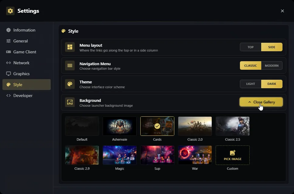 Settings, Style tab, with the background gallery open
