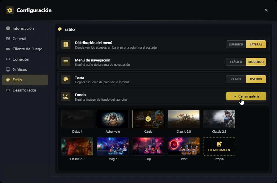 Configuración, pestaña Estilo, con la galería de fondos abierta