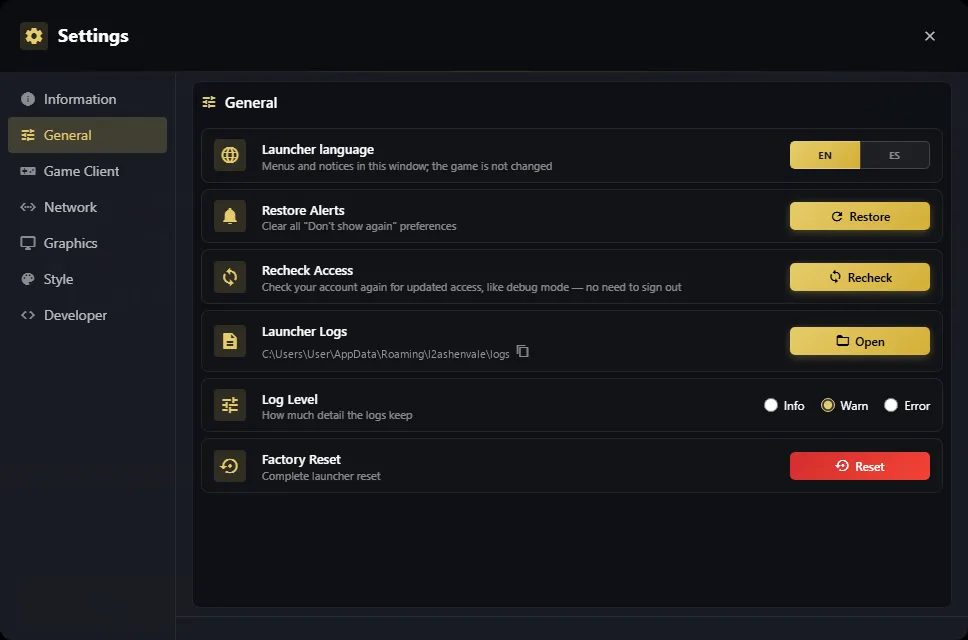 Settings, General tab