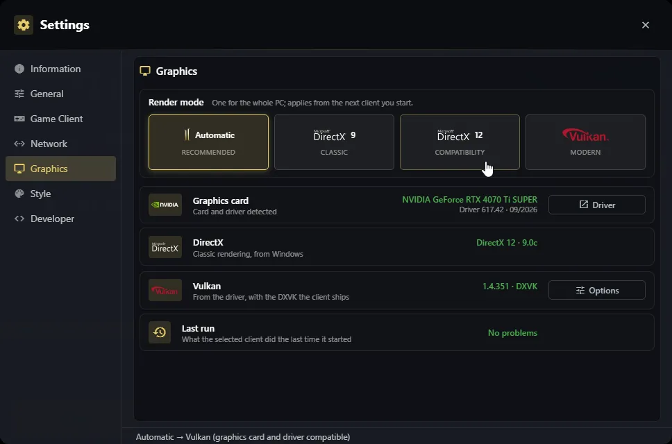 Settings, Graphics tab
