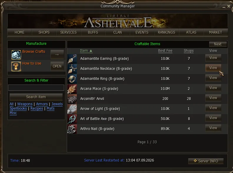 Catalogue of craftable items with the best fee and how many stores offer it