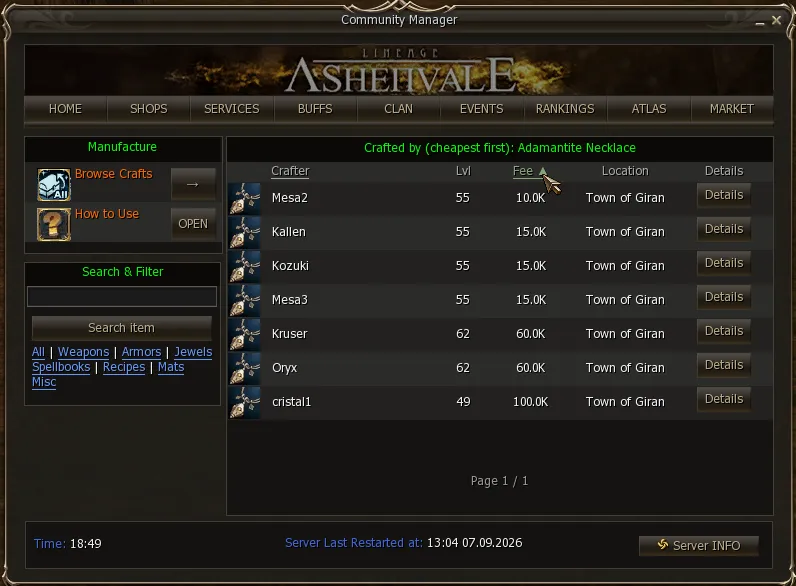List of crafters for an item, sorted by fee, with level and location