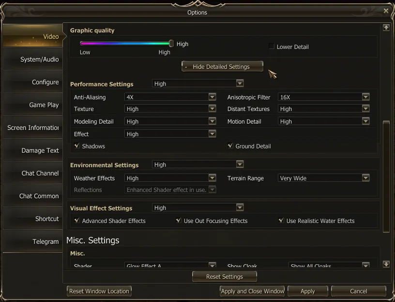Advanced Settings with the details open: Performance, Environmental and Visual Effect Settings