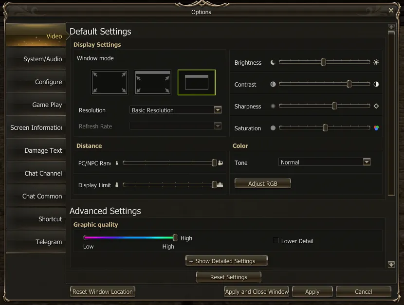 Options, Video tab: Display Settings with Brightness, Contrast, Sharpness and Saturation, and the Distance and Color boxes below