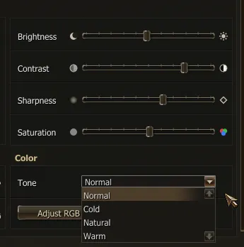 Tone dropdown open with Normal, Cold, Natural and Warm