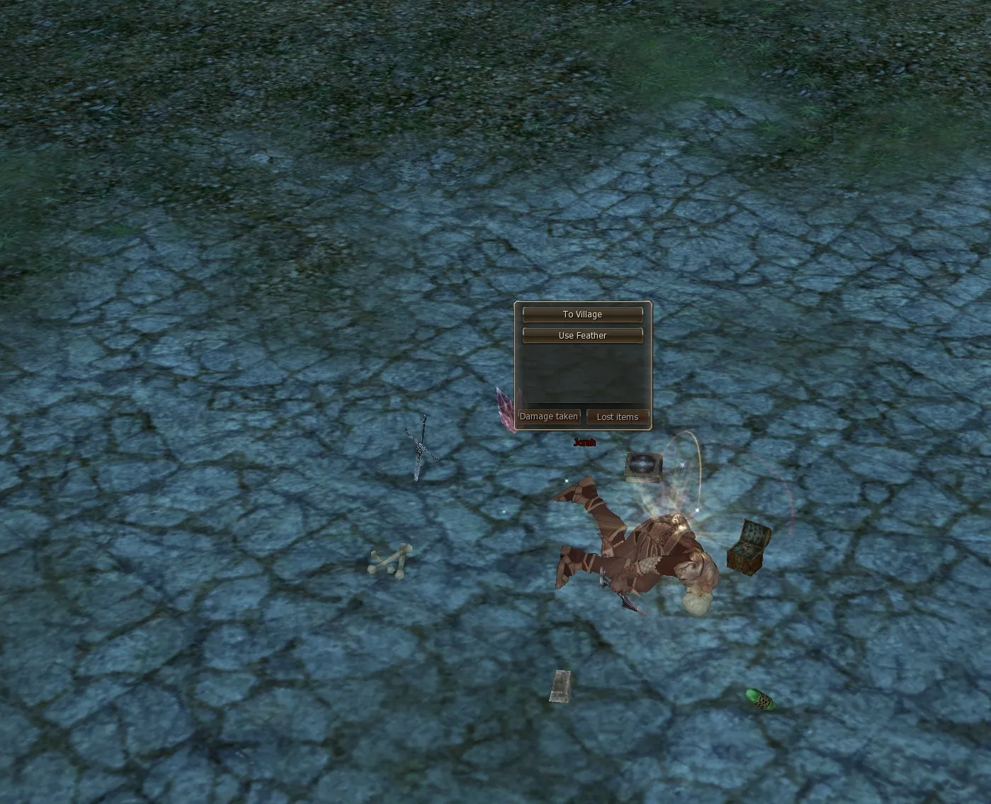 A red character dead with the dropped items on the ground and the death window