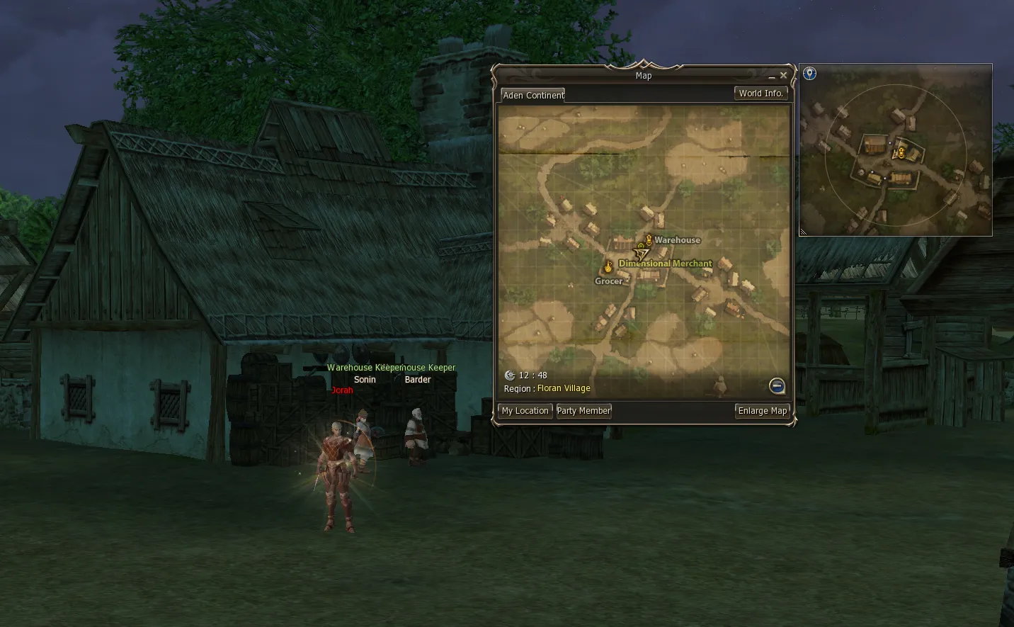 A red character in Floran Village, with the map showing the area