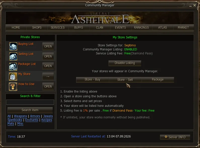 Own store settings, with the listing enabled and the fee