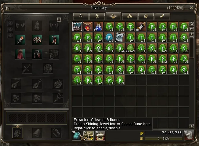 Inventory with the Extractor of Jewels & Runes slot at the bottom left and its description