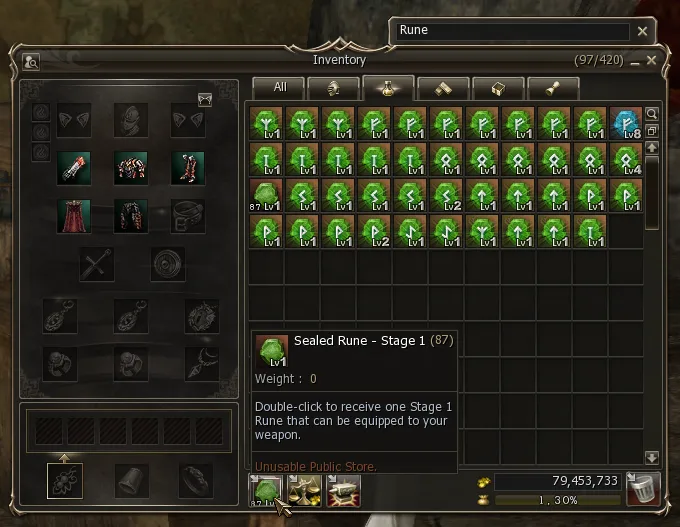 Inventory with stacked Sealed Runes and the level 1 runes that came out of them