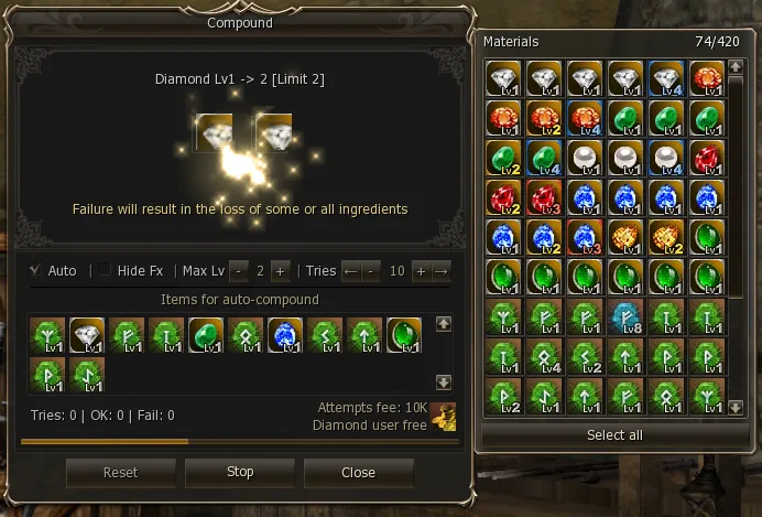 Compound window in automatic mode with the item list, the level cap and the attempt counter