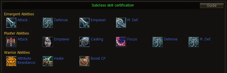 Panel de skills de subclase habilitados