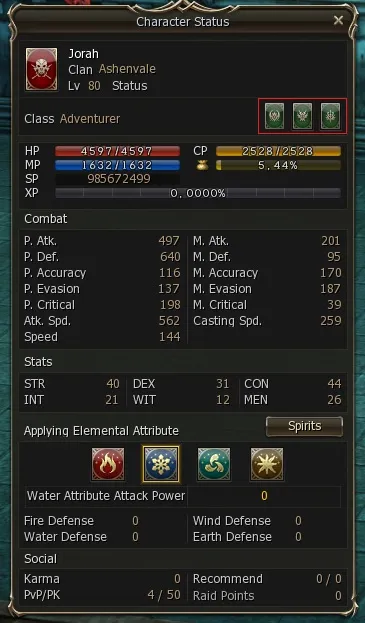 Character status window with the subclass switching buttons
