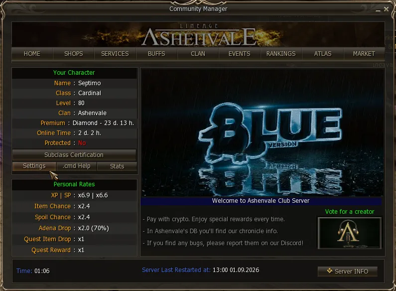 Community front page with the Settings button in the character box