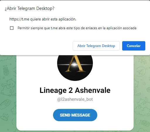 Ventana emergente del navegador para abrir Telegram