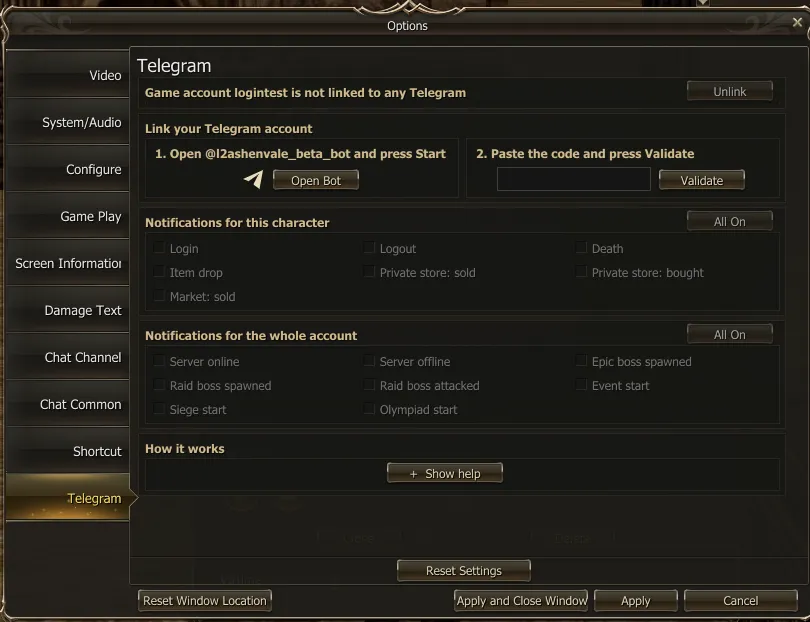 Options, Telegram tab: linking the account, character and account notifications, and help