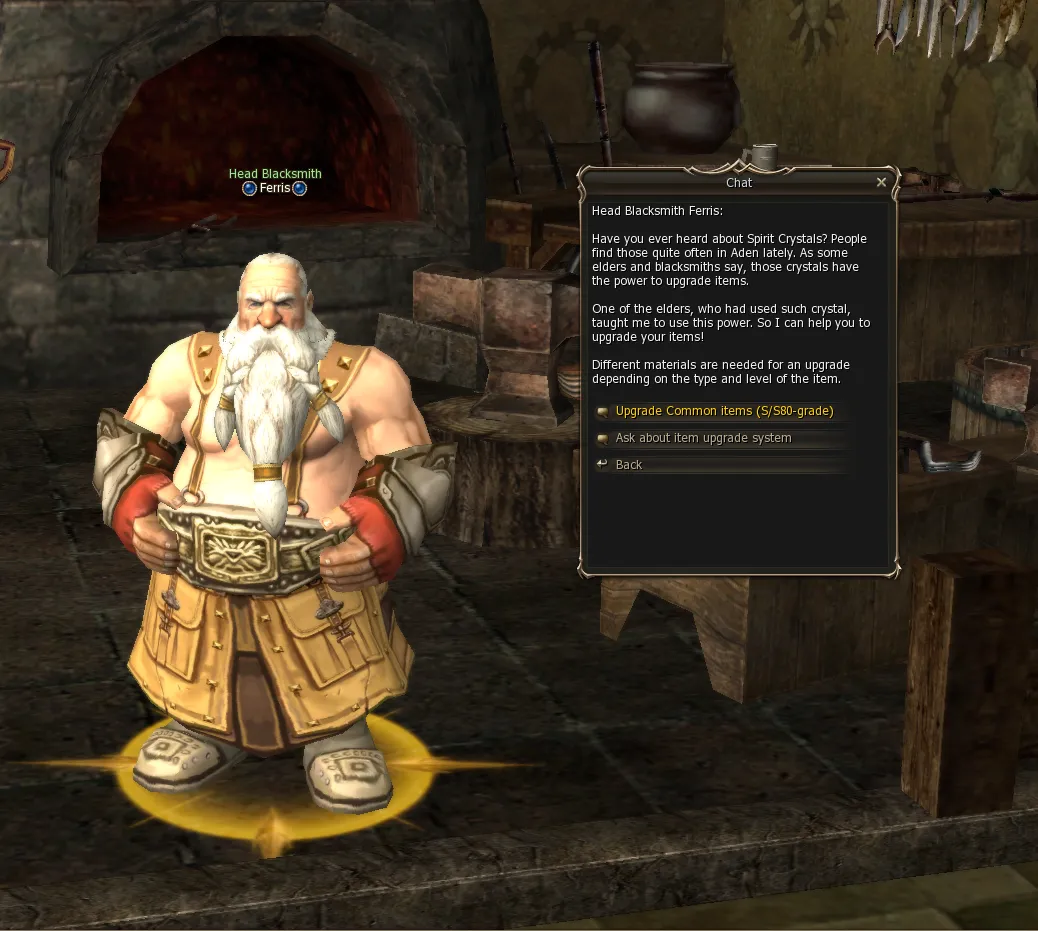 NPC menu with the Upgrade Common Items (S/S80-grade) option