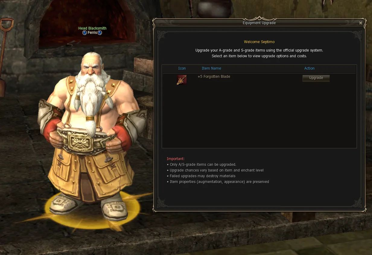 Equipment Upgrade window with the list of upgradeable items
