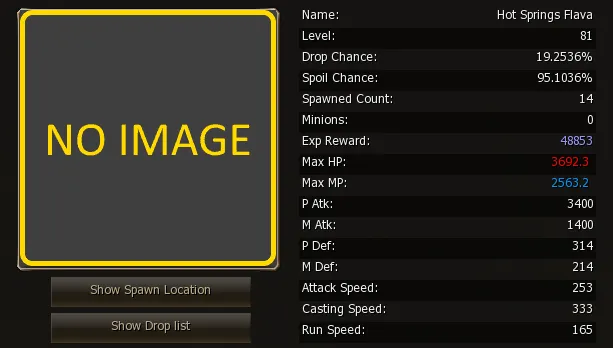 Stats del mob, spawn en el mapa y lista de drops
