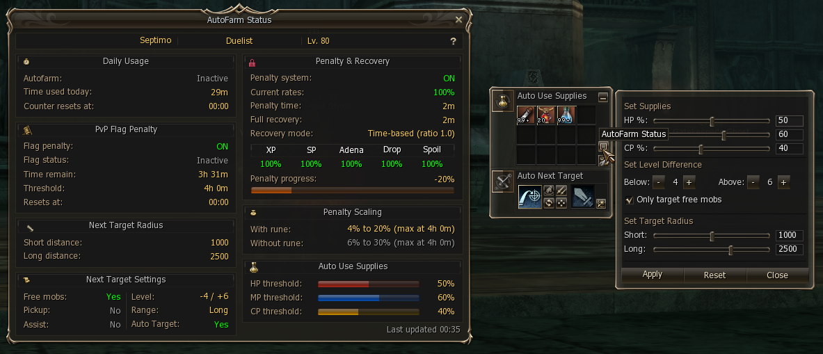 AutoFarm Status window with the auto farm off