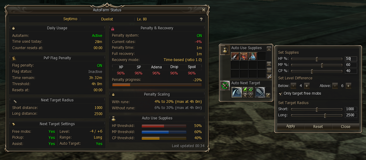 AutoFarm Status window with the auto farm running and the rates already penalised