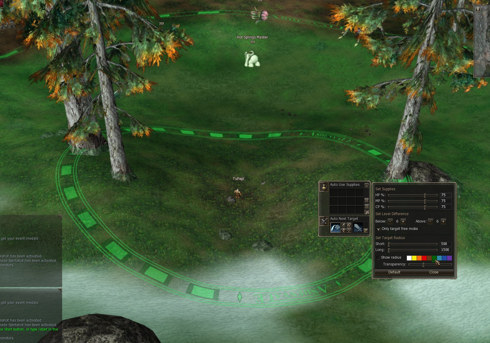 The green radius ring around the character and the settings panel with Set Target Radius, Show radius, the colors and Transparency