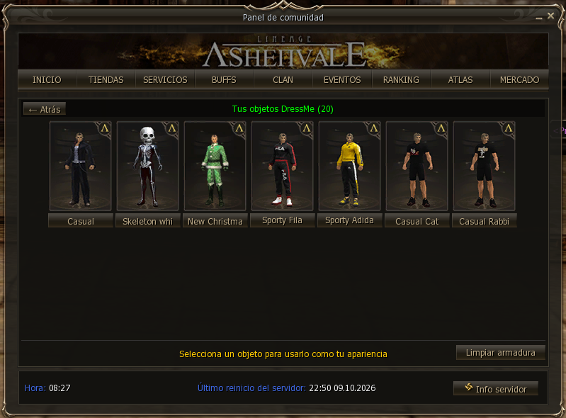 Colección de armaduras con las skins compradas y el botón para limpiar