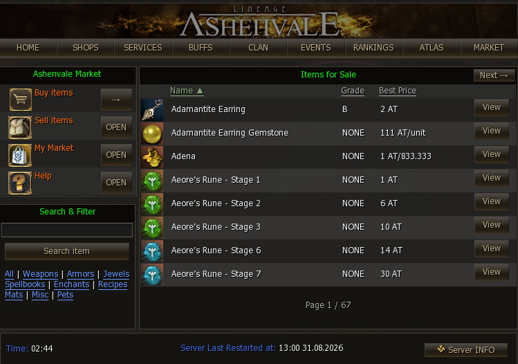 Items for Sale listing with the search box and the category filters