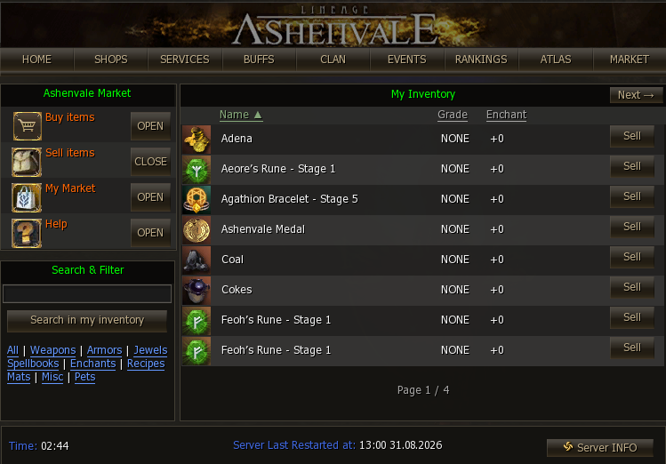 Sell items view: your inventory with what can be listed and its Sell button