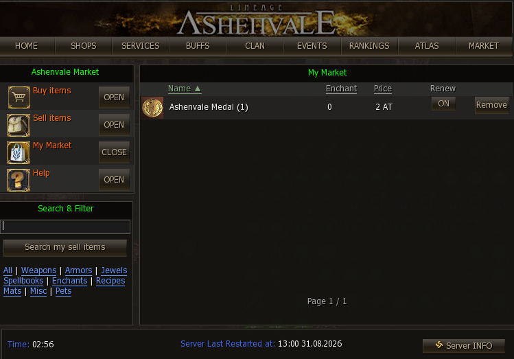 My Market view: your own listings with the Renew toggle and the Remove button