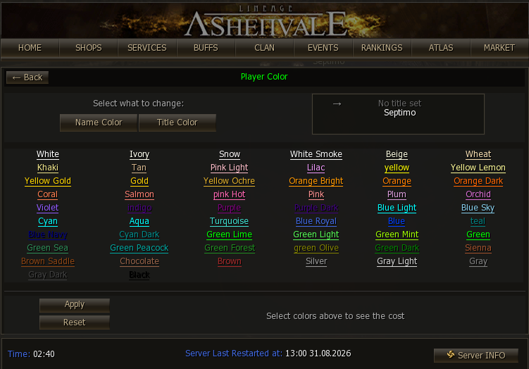 Player Color panel with the available color palette