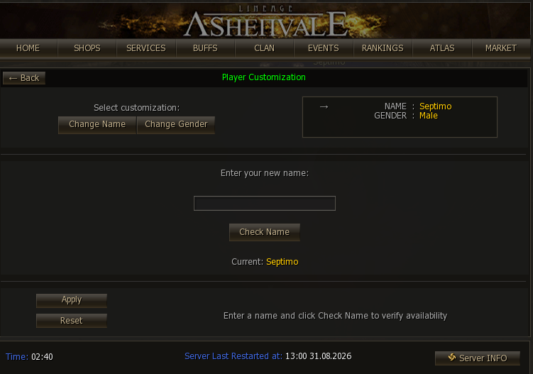Service window: Change Name and Change Gender, with the availability check