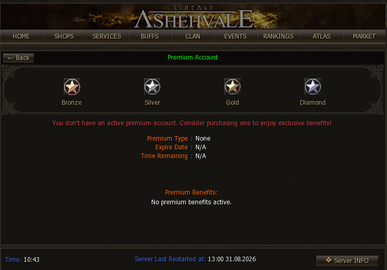 Premium window with no active account: the packs and the account status