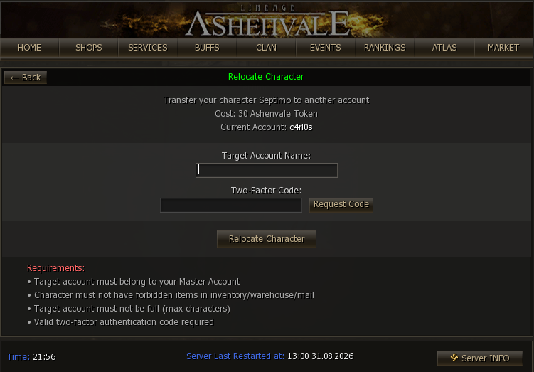 Relocate Character service window