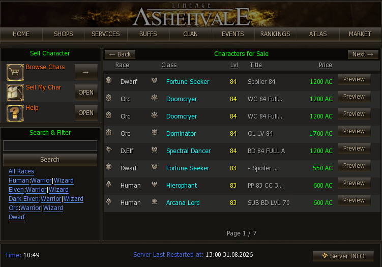 Characters for Sale listing with class, level, title and price