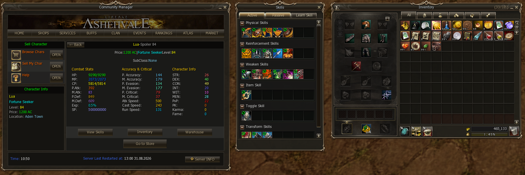 Examining a character for sale: full sheet, skills and inventory