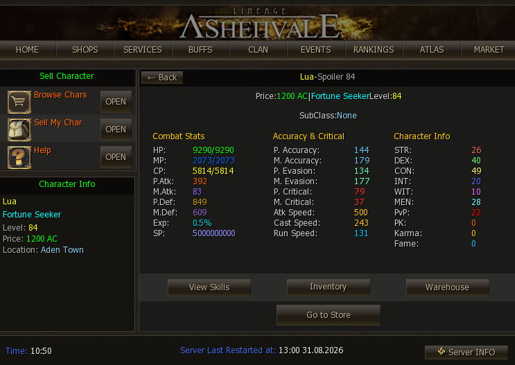The character sheet with the Go to Store button
