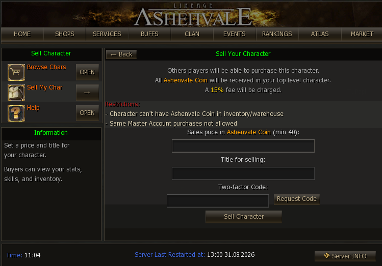 Sell Your Character form: price, title and two-factor code